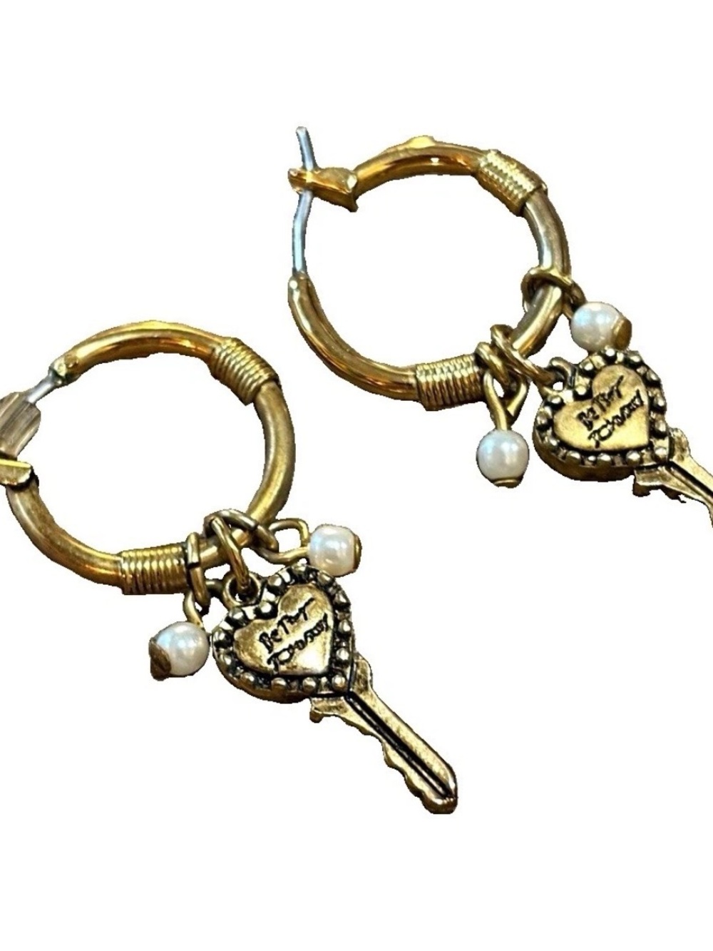 Betsey Johnson Gold Key Heart Hoop Earrings with Pearl Charms